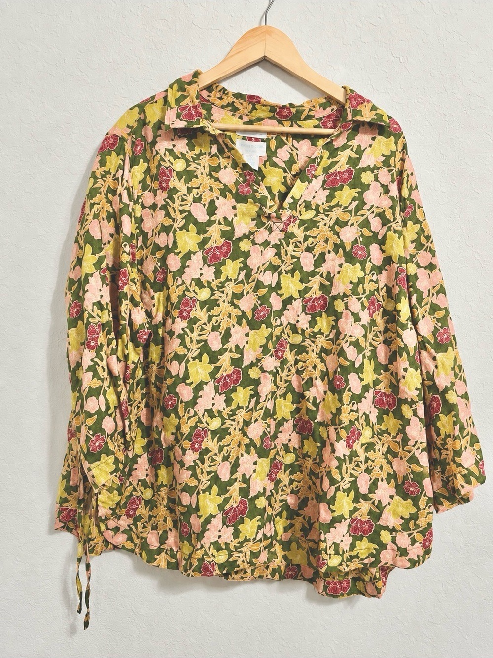 100% European Flax Linen Floral Tunic Top 3X Green Pink Split Neck Boho